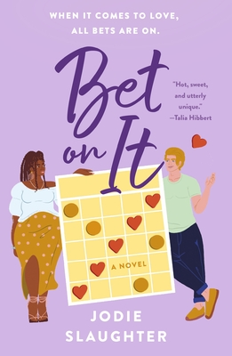 cover of Bet On It by Jodie Slaughter featuring a cartoon black woman and white man  looking at each other fondly across a blank bingo board. 