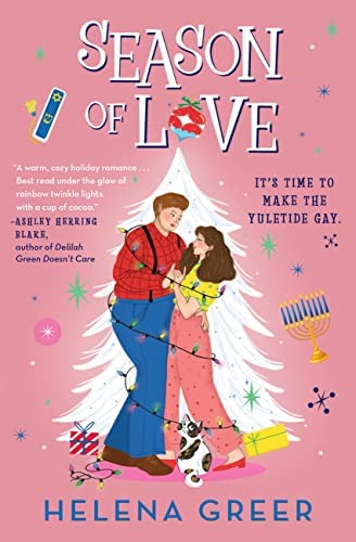 Cover of Season of Love, featuring two women wrapped up in holiday lights in front of an evergreen tree silhouette surrounded by a menorah and mezuzah