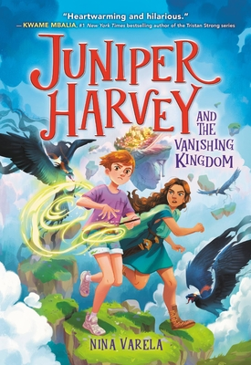 cover, Juniper Harvey and the Vanishing Kingdom showing two girls running on floating islands away from dragons